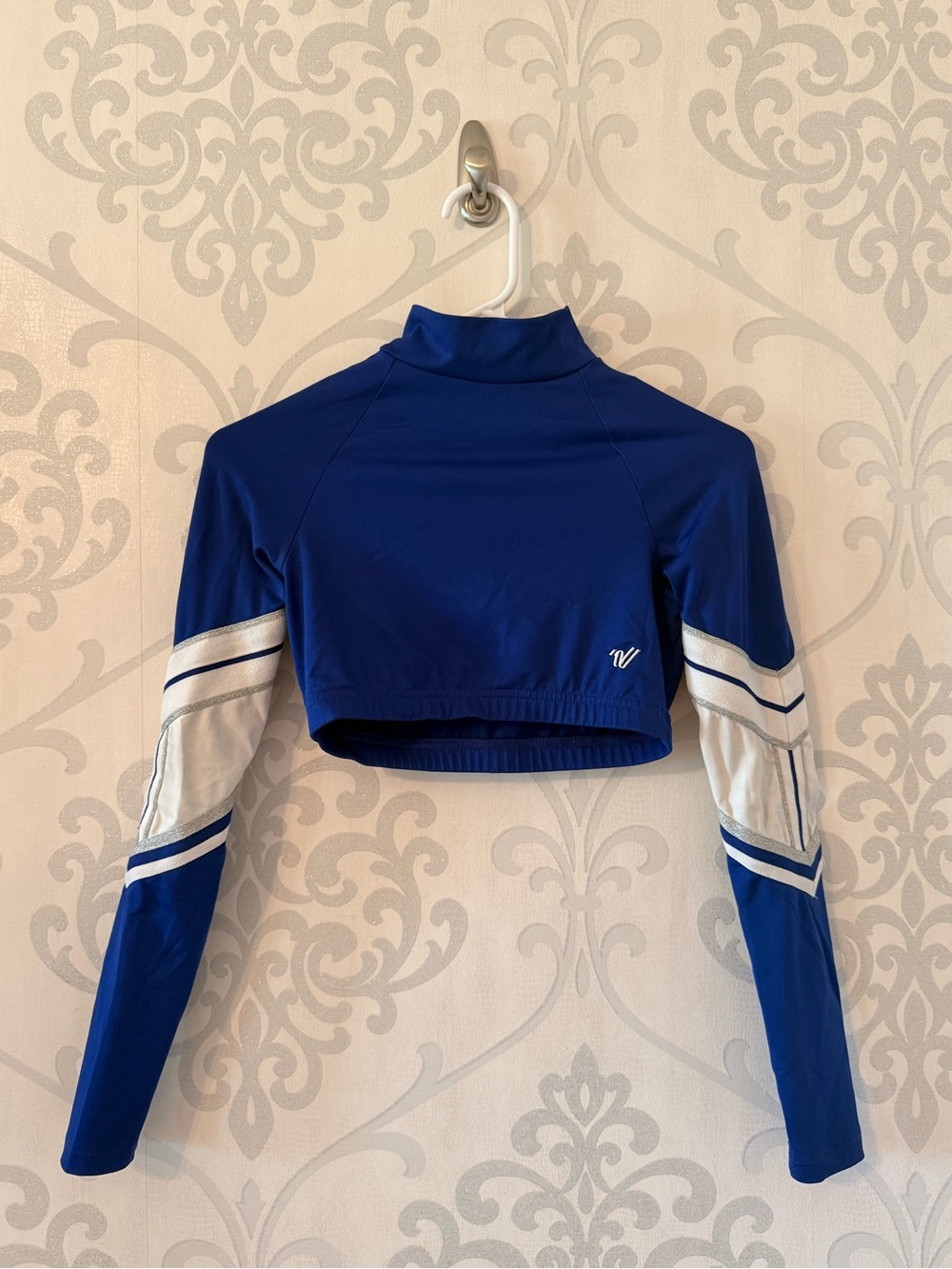 Varsity Blue Cropped Mock Neck Top with White Sleeve Panels